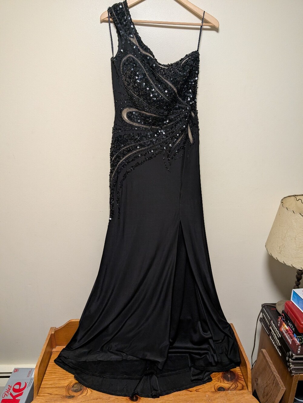 Black Sequin Beaded One Shoulder Formal Gown High Slit Size Large Y2K Prom